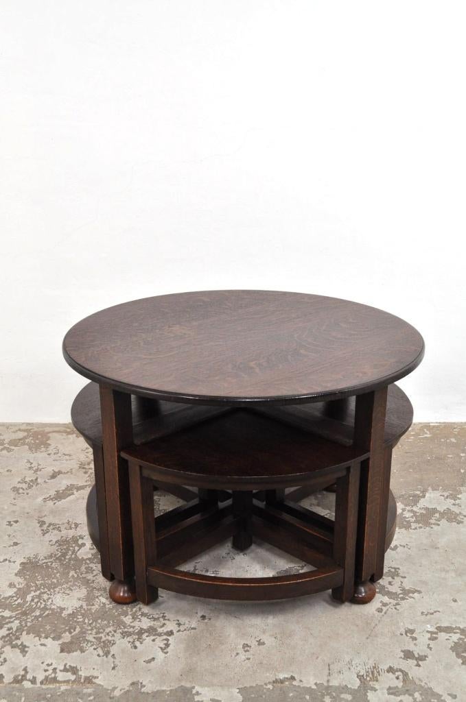 Antieke eiken salontafel 2-in-1 tafel 1920s UNIEK ITEM, Gebruikt, 50 tot 100 cm, Rond, 50 tot 100 cm