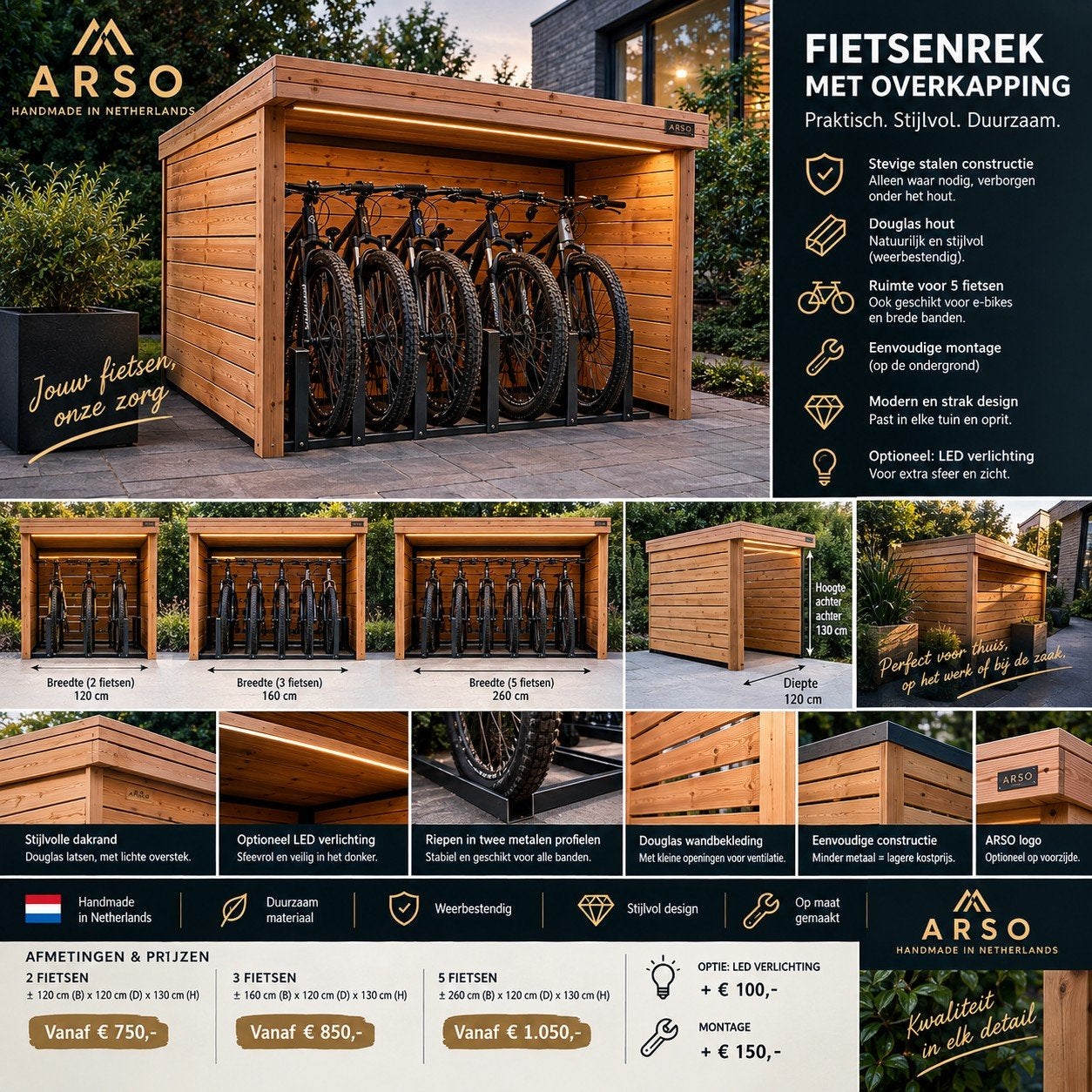 Premium Fietsenberging / Overkapping op Maat – Douglas Hout, Eén persoon