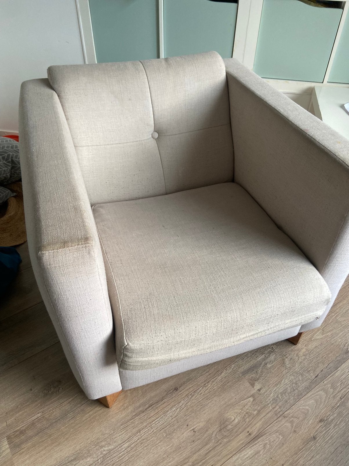 Beige comfortabele stoel van Jan des Bouvries, Ophalen, Gebruikt, Eenpersoons, 75 tot 100 cm