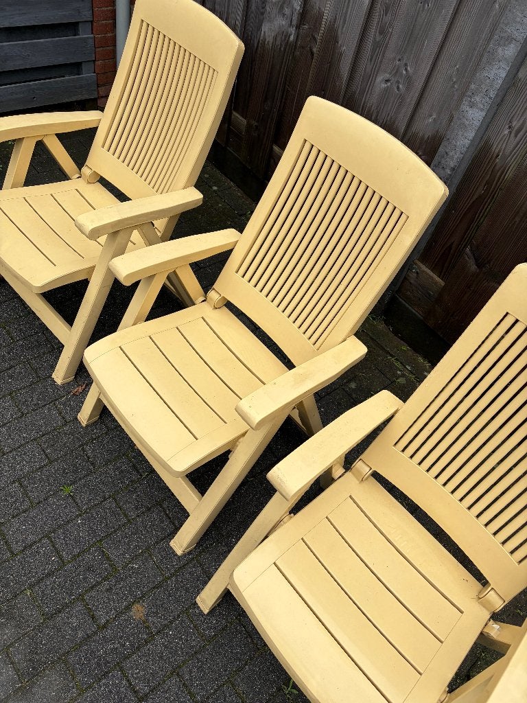 Set van 3 tuinstoelen / mosterdgeel, Ophalen, Gebruikt, Kunststof, Verstelbaar