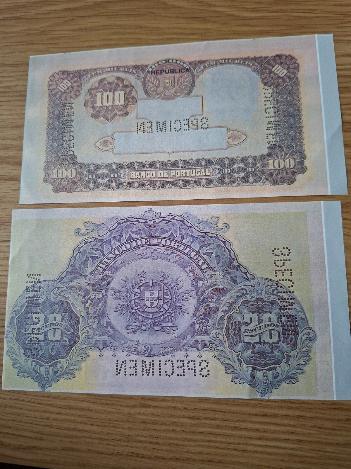 Portugese bankbiljetten - Setje van 2 specimen biljetten, Verzenden, Portugal, Setje