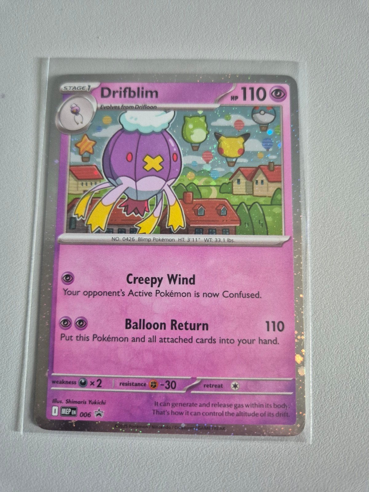 Drifblim Pokémon Kaart - Foil (MEP 006), Ophalen of Verzenden, Zo goed als nieuw, Losse kaart, Foil