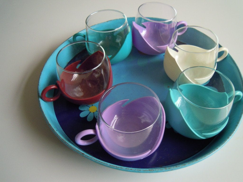 6 Retro theeglazen + dienblad jaren 60 70, Verzamelen, Ophalen of Verzenden, Overige typen