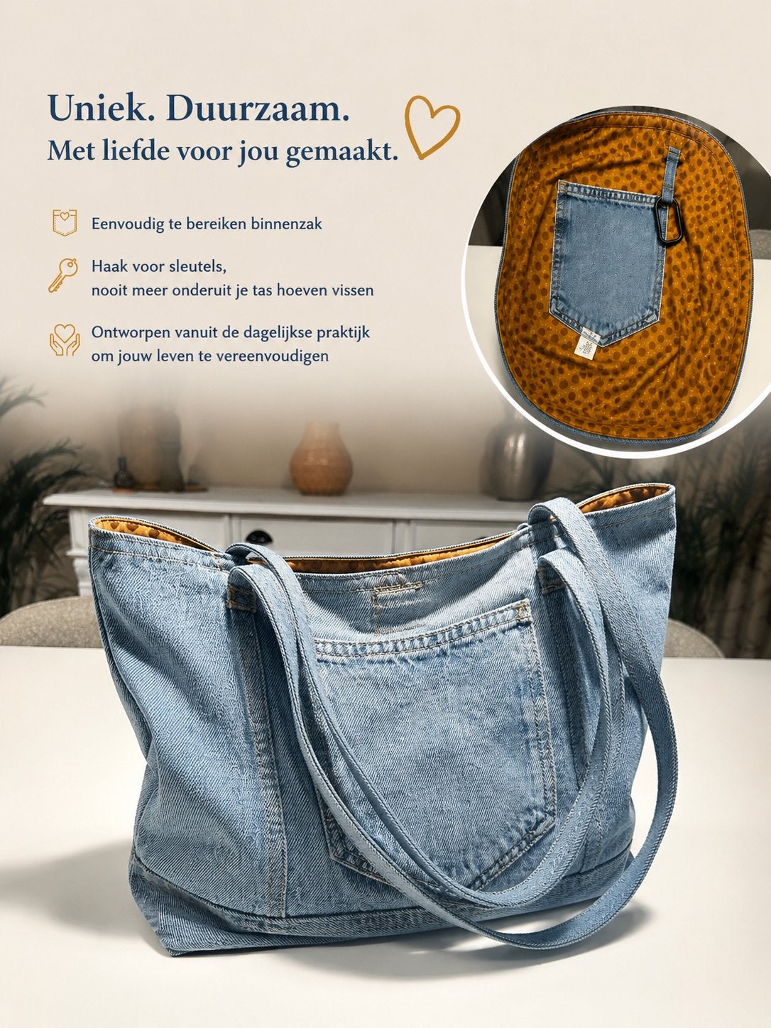 Unieke handgemaakte shopper van upcycled denim–one of a kind, Ophalen of Verzenden, Zo goed als nieuw, Blauw, Shopper