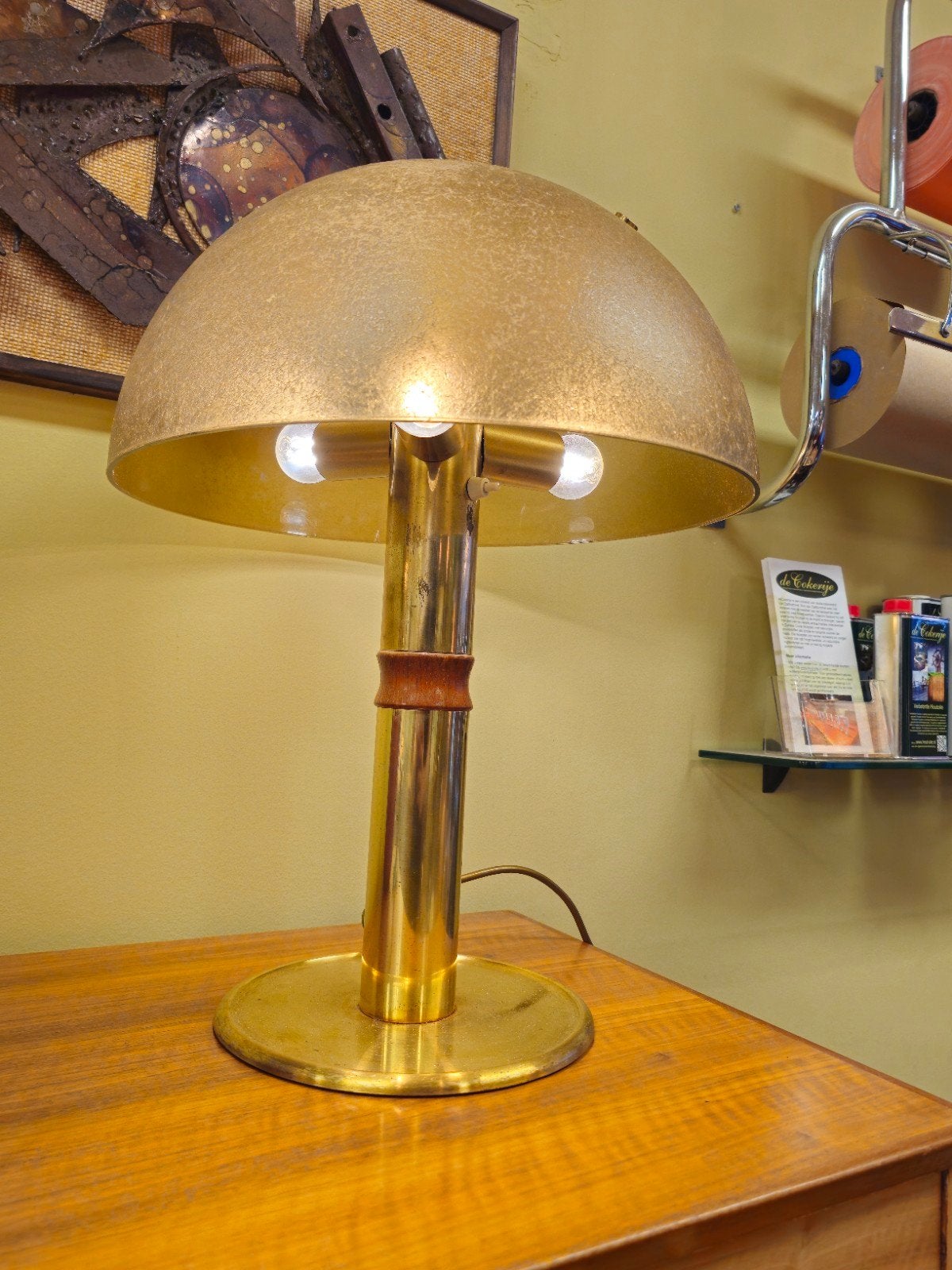 Vintage Messing Teak Bureaulamp Tafellamp Tafel Lamp, Ophalen of Verzenden