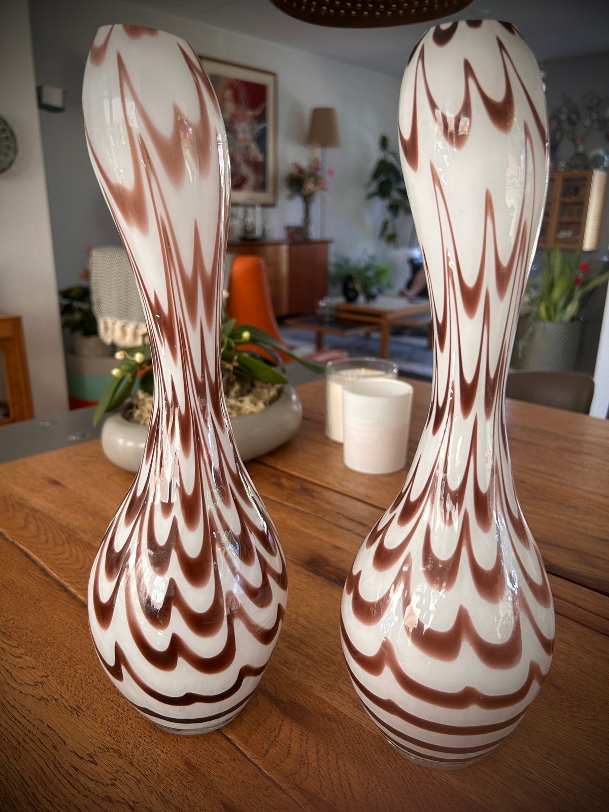 Te koop 2 swirl vazen, Overige kleuren, Ophalen of Verzenden, Minder dan 50 cm, Glas