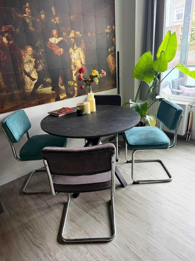 Ronde eethoek met 4 stoelen, 100 tot 150 cm, Rond, Ophalen of Verzenden, Zo goed als nieuw