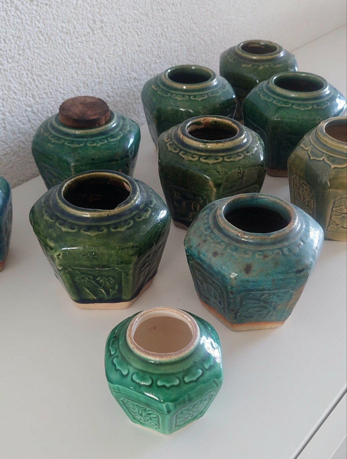 11 Antieke Gemberpotjes - Diverse Groene Tinten, Ophalen of Verzenden