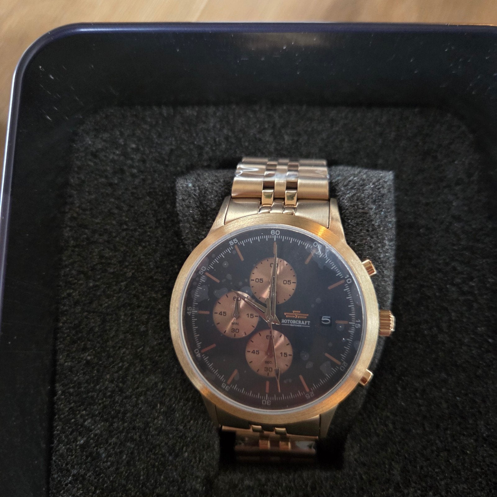 Rotorcraft horloge goudkleurig met doos en boekjes, Overige merken, Staal, Staal, Polshorloge