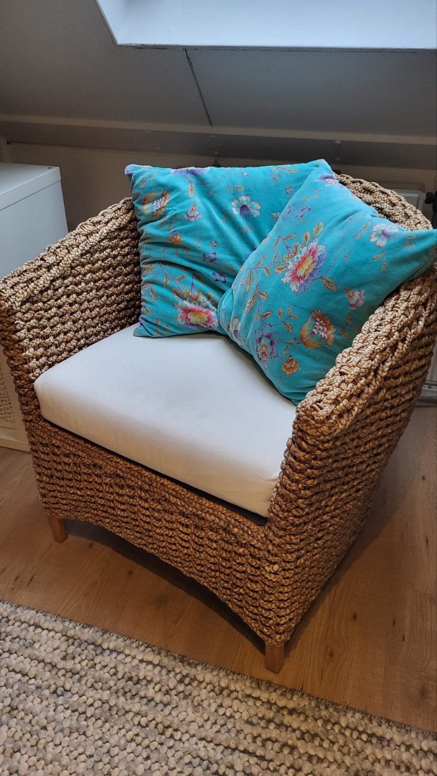 Mooie stevige rieten fauteuil met kussen, Ophalen, Bruin, Bohemian, Stof