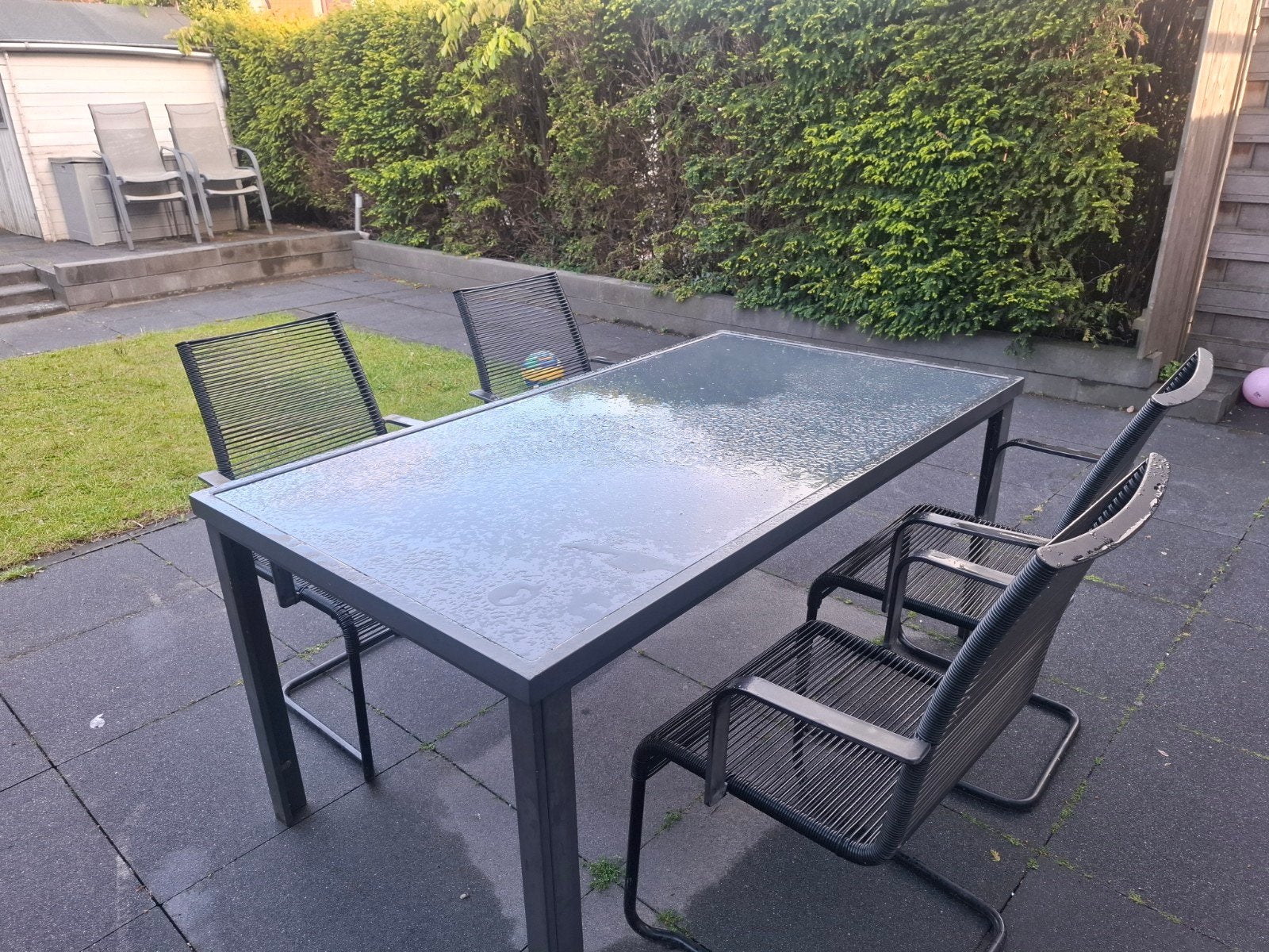 Tafel met glasplaat en 4 stoelen, Ophalen, Gebruikt, Tuinset, Eettafel