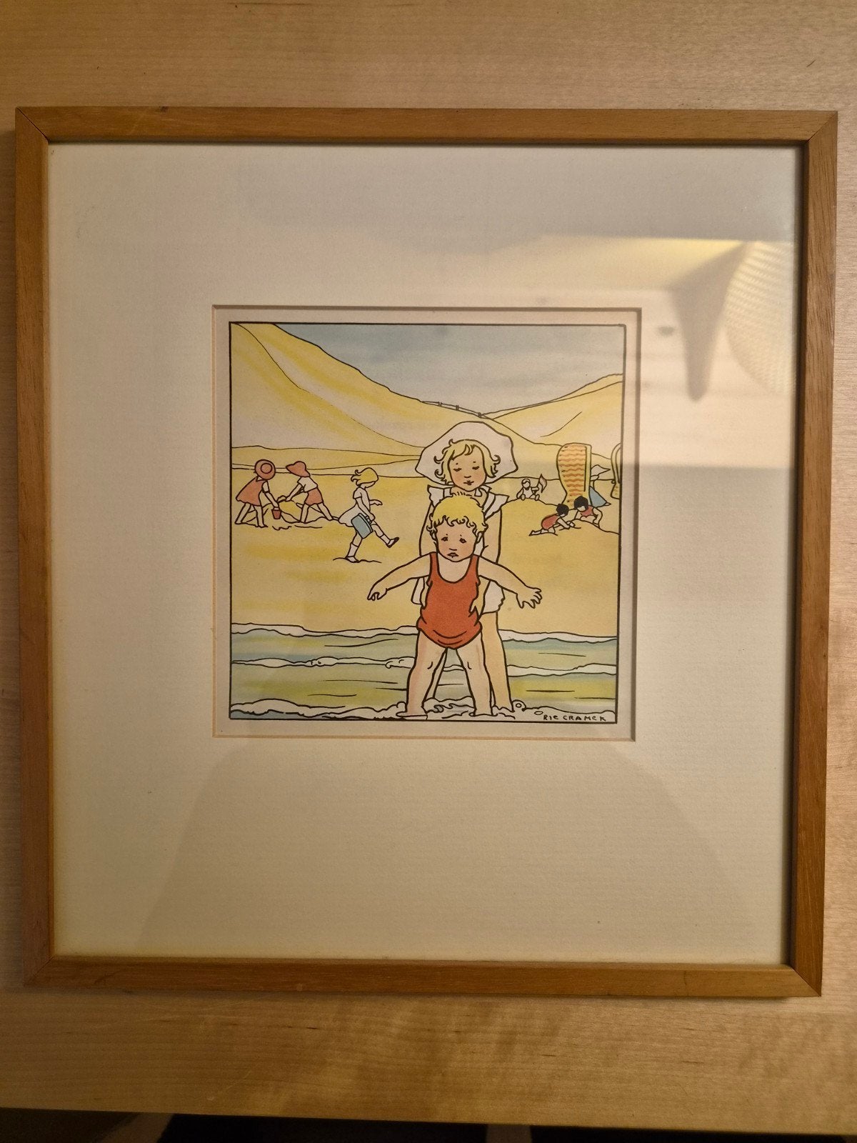 Vintage prent van Rie Cramer - Kinderen op het strand, Ophalen of Verzenden, Print, Prent, Ingelijst