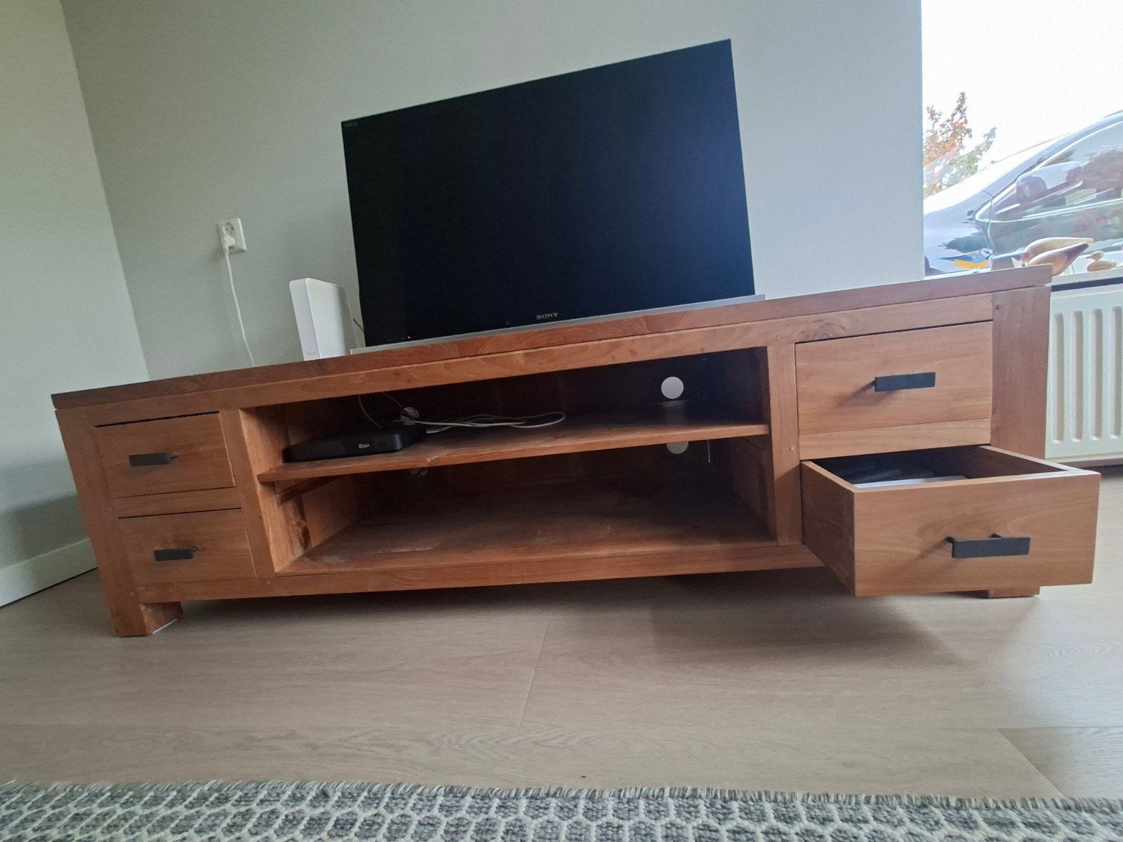 Teak TV-meubel met 4 laden en 2 open vakken, Ophalen, Strak, Gebruikt, 150 tot 200 cm