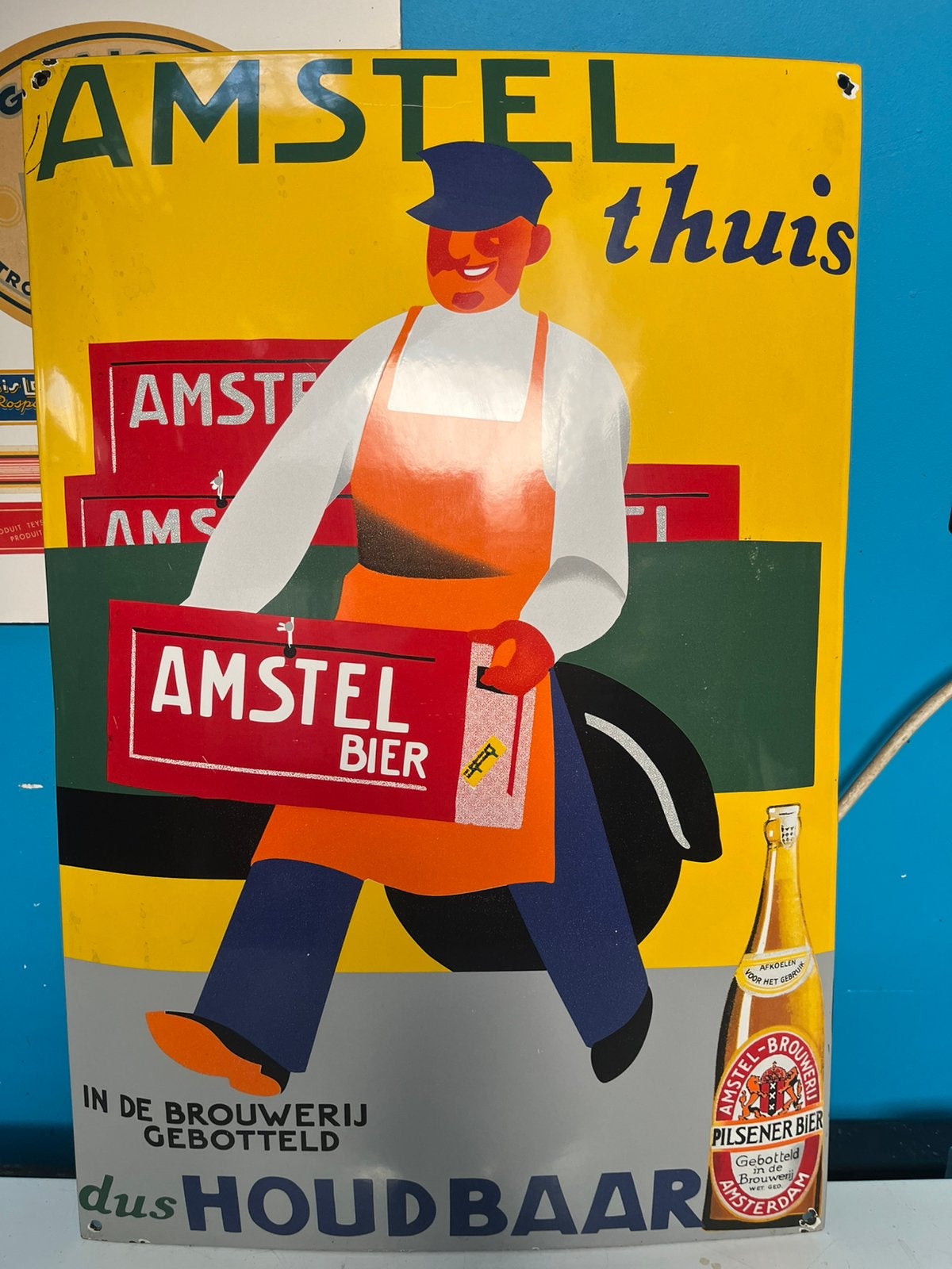 Emaille reclame bord amstel thuis mooie staat amstel bier, Ophalen, Zo goed als nieuw, Reclamebord