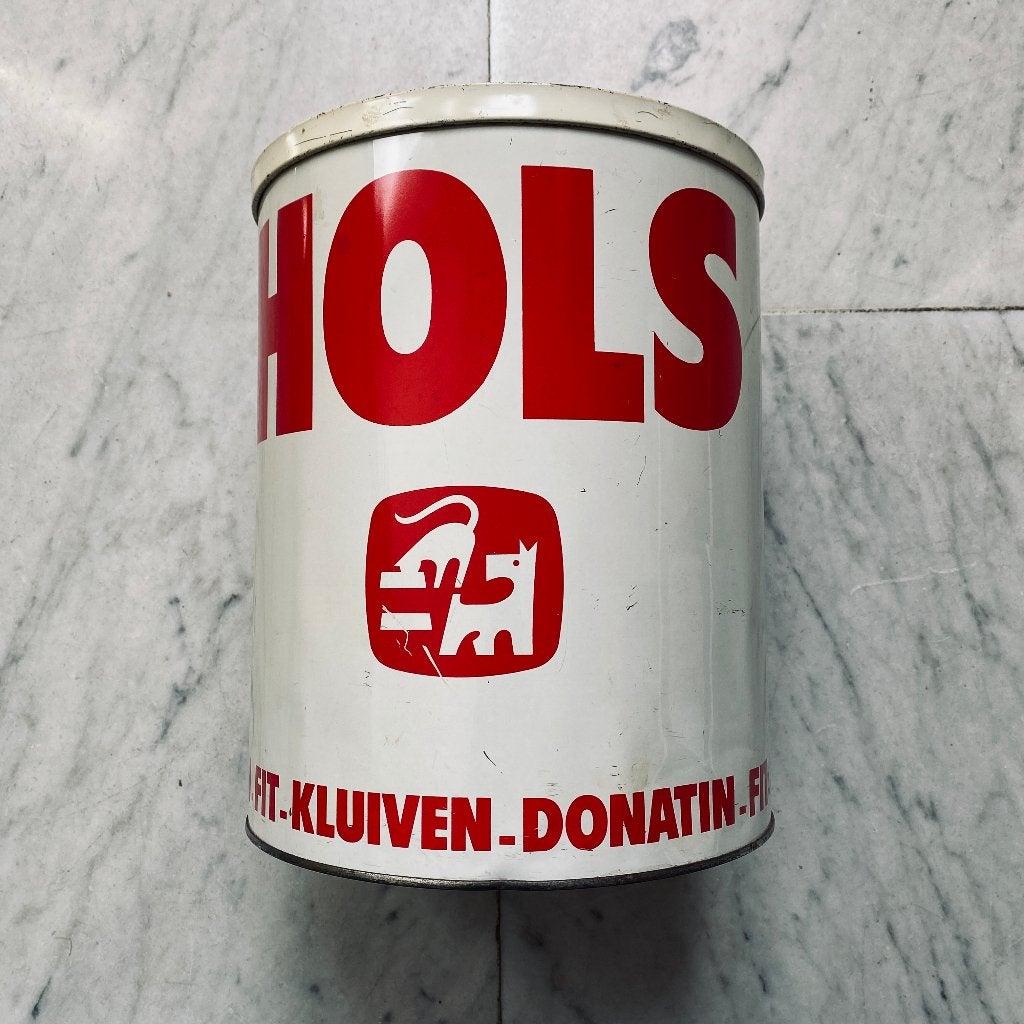 HOLS voorraadbus –vintage dierenvoer blik– rood/wit – retro, Verzamelen, Merken en Reclamevoorwerpen, Verzenden, Gebruikt, Gebruiksvoorwerp