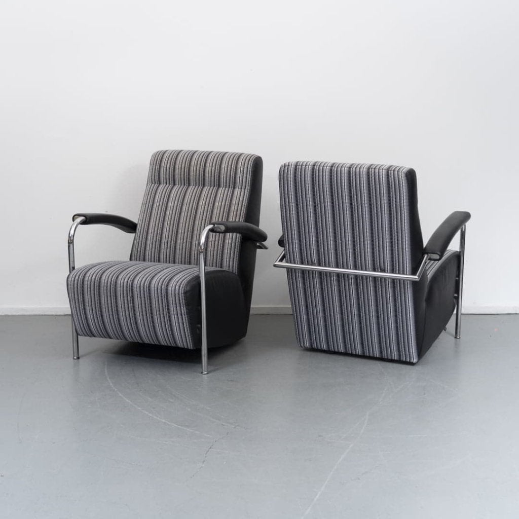 Leolux Scylla Hoog Fauteuil Grijs/Zwart Gestreept Stof, Huis en Inrichting, Fauteuils, Niet ingevuld, Zo goed als nieuw, Niet ingevuld