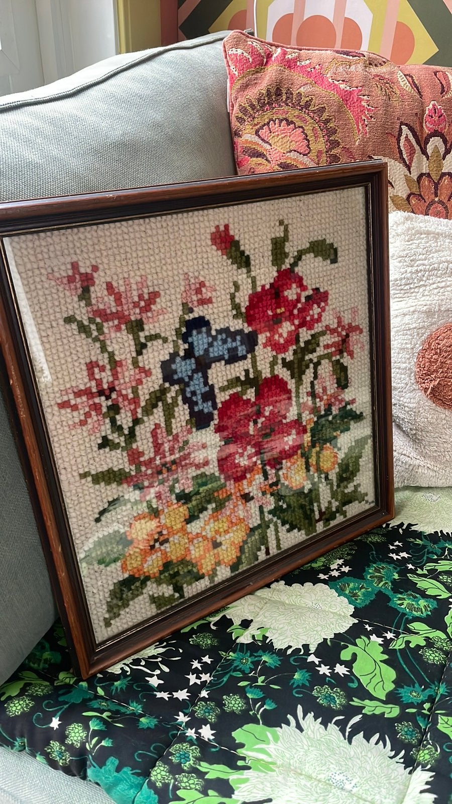 Geborduurd retro bloemen schilderij, Ophalen of Verzenden