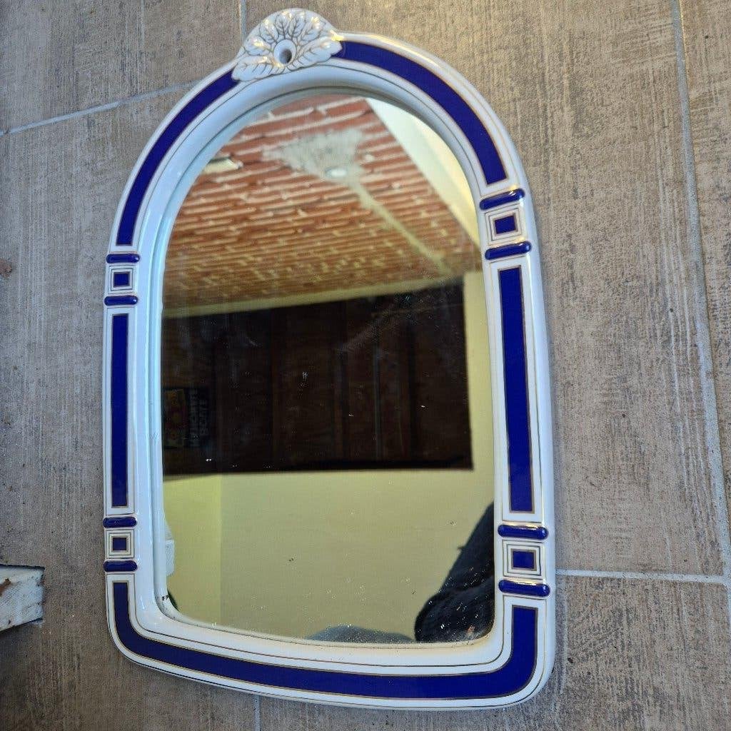 Franse spiegel met keramiek lijst Royal blue met goudbies