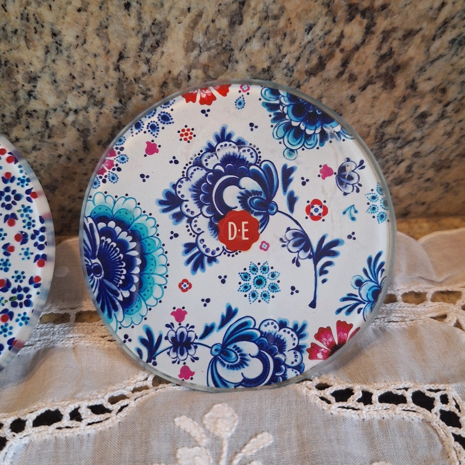 Dutch Indigo glazen onderzetters  D.E., Ophalen of Verzenden, Zo goed als nieuw, Gebruiksvoorwerp