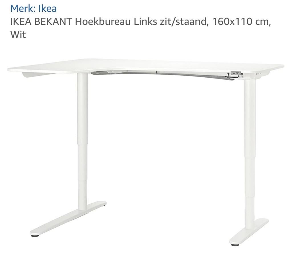IKEA BEKANT Hoekbureau Links Zit/Staand Wit 160x110 cm, Ophalen, Elektrisch, Spaanplaat of MDF, Hoekbureau