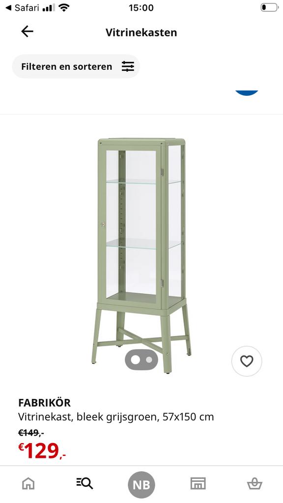 Gezocht bleek groene fabrikor ikea vitrinekast, Huis en Inrichting, Kasten | Vitrinekasten, Ophalen of Verzenden, Zo goed als nieuw