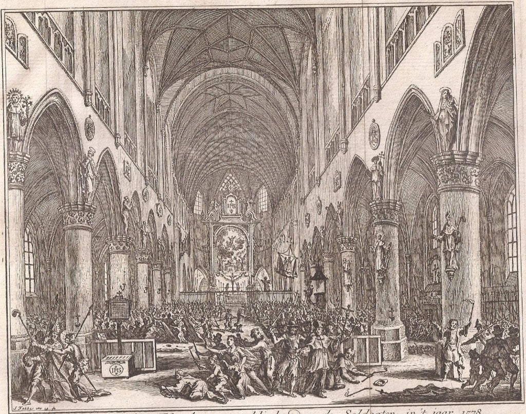 Kopergravure Groote Kerk Haarlem overweldigd in 1578 S.Fokke, 19 cm, Ophalen of Verzenden, 16 cm, 1700 - 1799