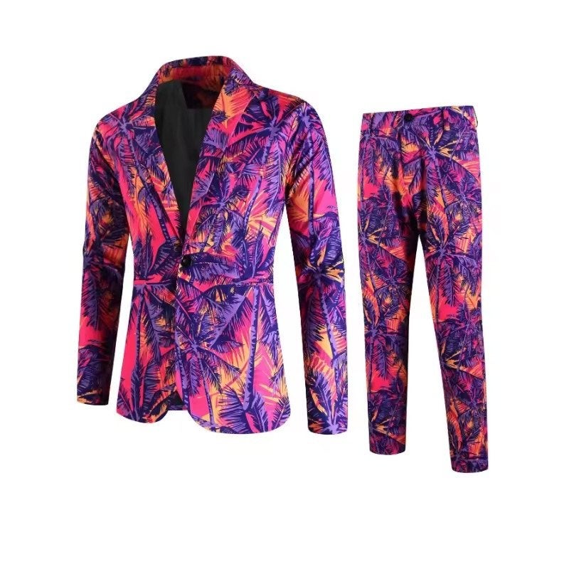 Levendige palmboomprint herenpak 2-delig slim fit, Kleding | Heren, Ophalen of Verzenden, Gedragen, Maat 48/50 (M), Roze