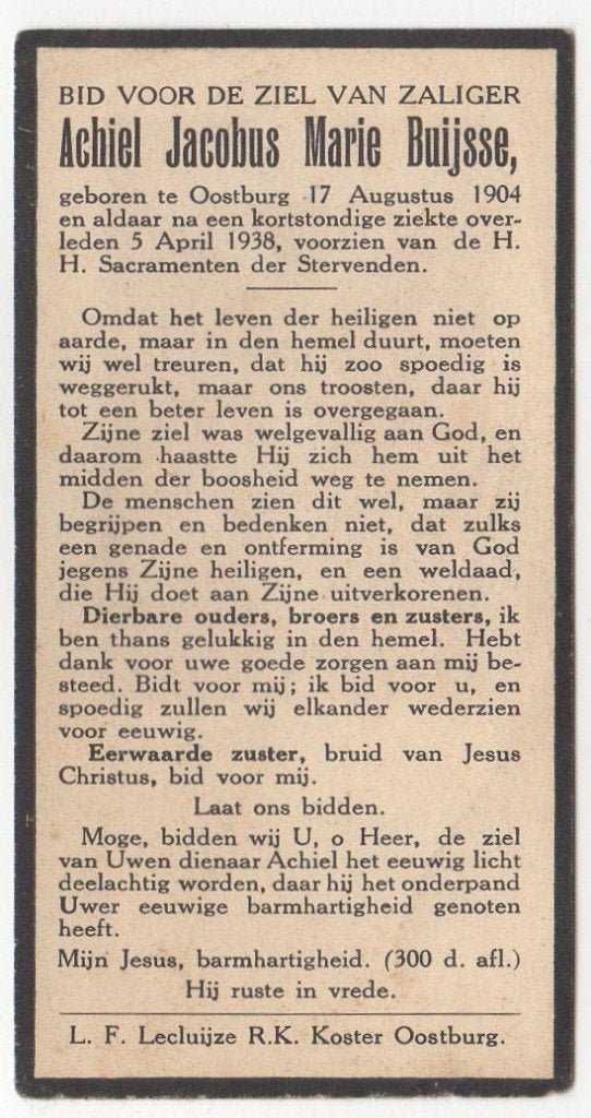 Achiel J.M. Buijsse 1904 Oostburg + 1938 Oostburg, 33 jaar, Ophalen of Verzenden