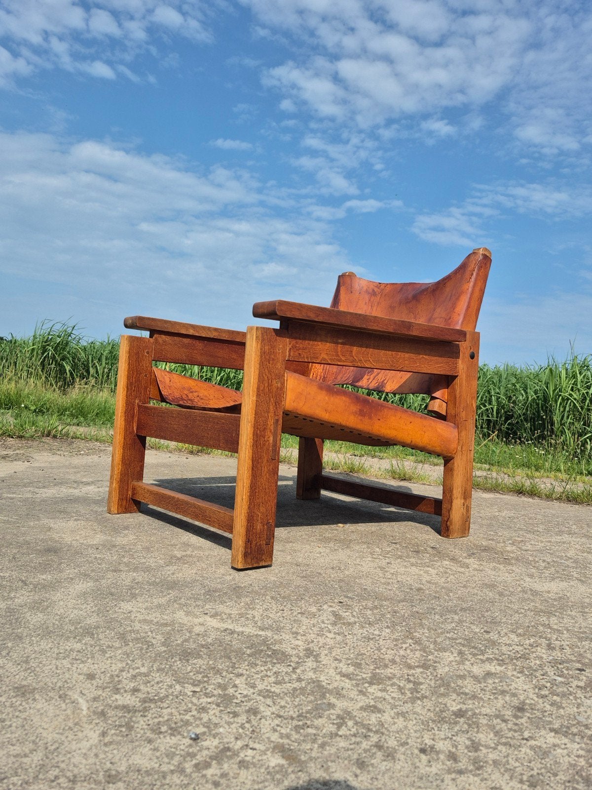 Vintage 1960 dutch design tuigleer safaristoel, Ophalen, Minder dan 50 cm, Leer, Gebruikt