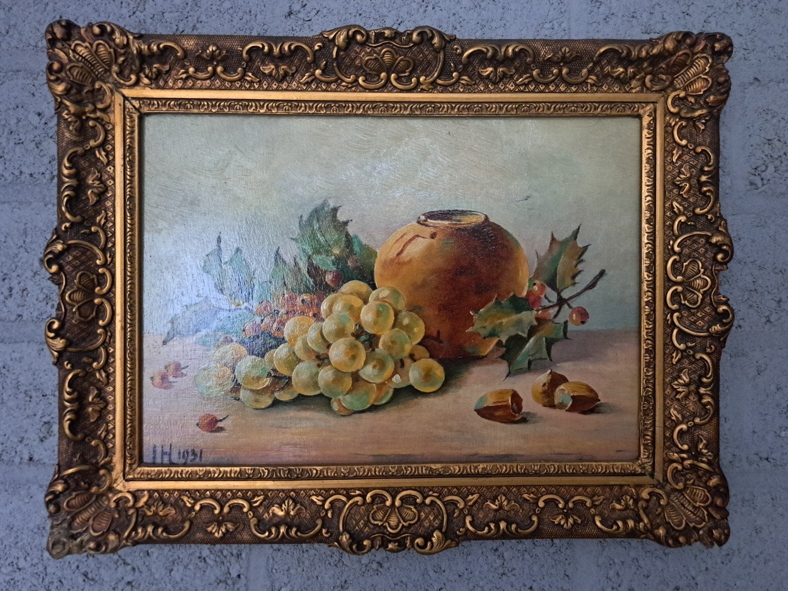 Stilleven met druiven en kruik, gesigneerd en gedateerd 1931, Antiek en Kunst, Kunst | Schilderijen | Klassiek, Paneel, Stilleven