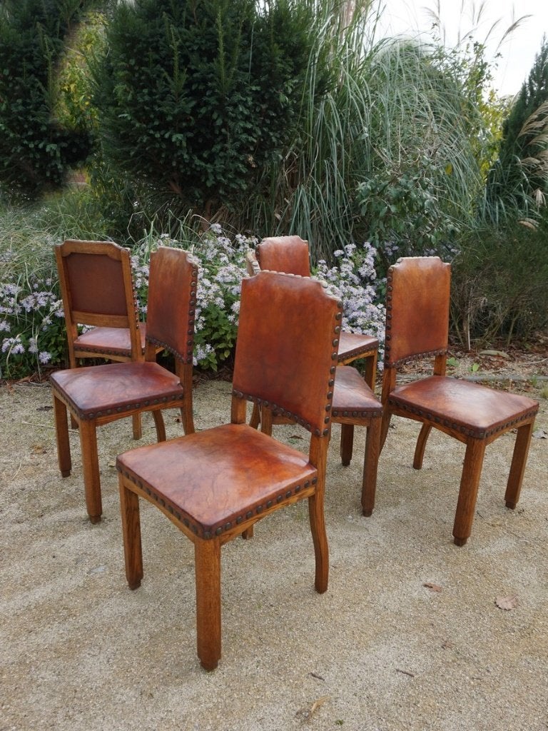 6 eiken art deco stoelen/ eetkamerstoelen in bruin leer, Ophalen