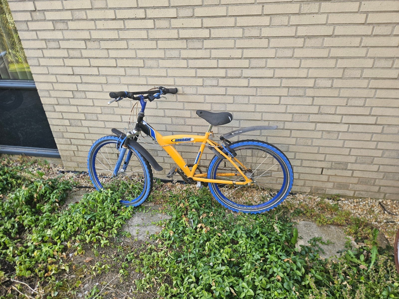 Stoere gele mountainbike met blauwe banden, Minder dan 45 cm, Ophalen, Gebruikt, Overige merken
