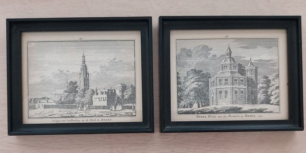 2 Originele 18e-eeuwse Gravures Breda C.Pronk /H.Spilman, 10 cm, Stadsgezicht, Ophalen of Verzenden, Gravure
