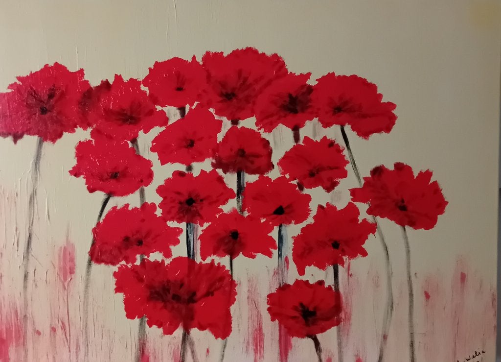 Schilderij rode klaprozen 60x80 cm, Antiek en Kunst, Ophalen, Acrylverf, Handgeschilderd, Bloemen