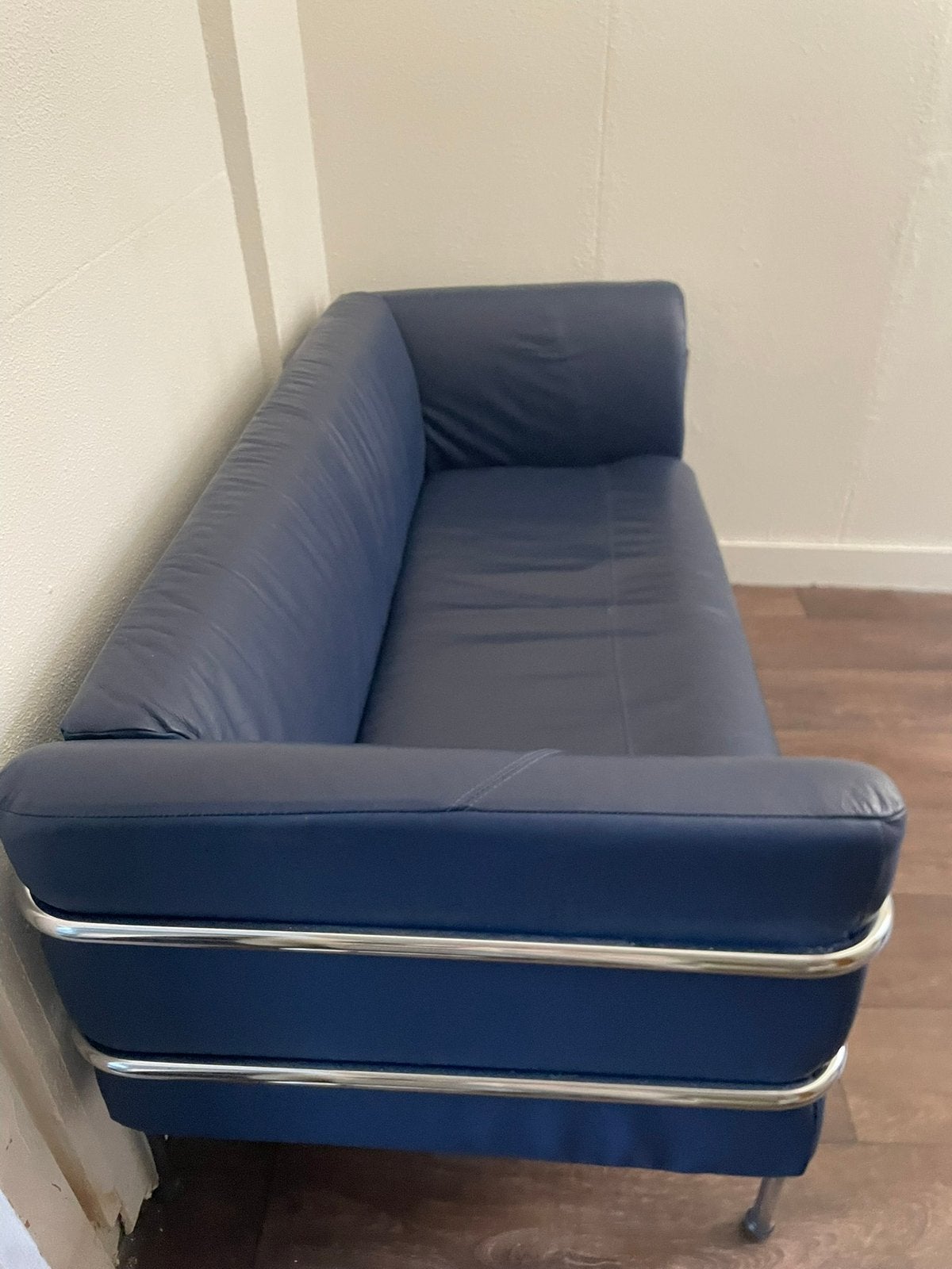 Vintage Kebe Deens design bank blauw leer, Ophalen, Deens, 150 tot 200 cm, Tweepersoons