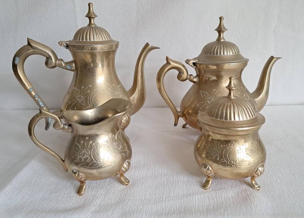 Complete vierdelige EPNS messing thee en koffieset, Antiek en Kunst, Ophalen of Verzenden