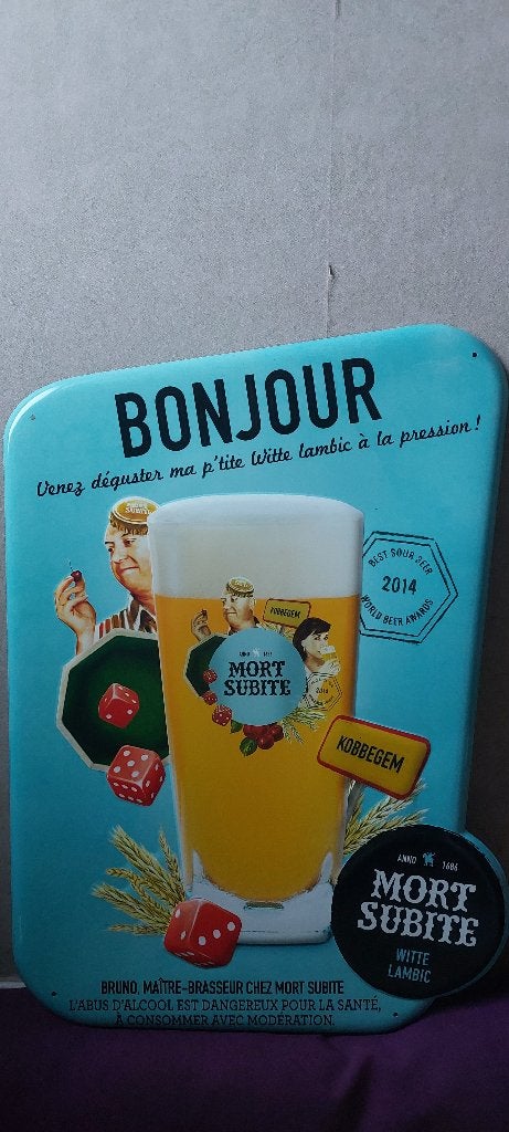 Prachtig reclamebord Mort Subite bier (blauwe versie), Ophalen of Verzenden, Nieuw, Reclamebord, Plaat of Schild, Overige merken