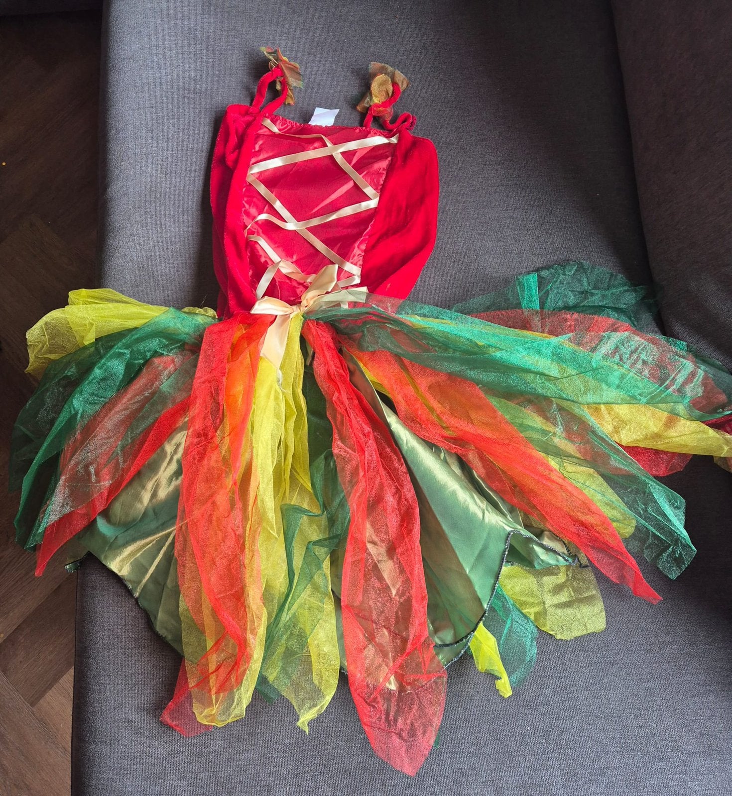 Prachtige Verkleedjurk Elfje Maat 146-153 - Rood/Groen/Geel, Ophalen of Verzenden, Gebruikt, 146 t/m 152, Meisje
