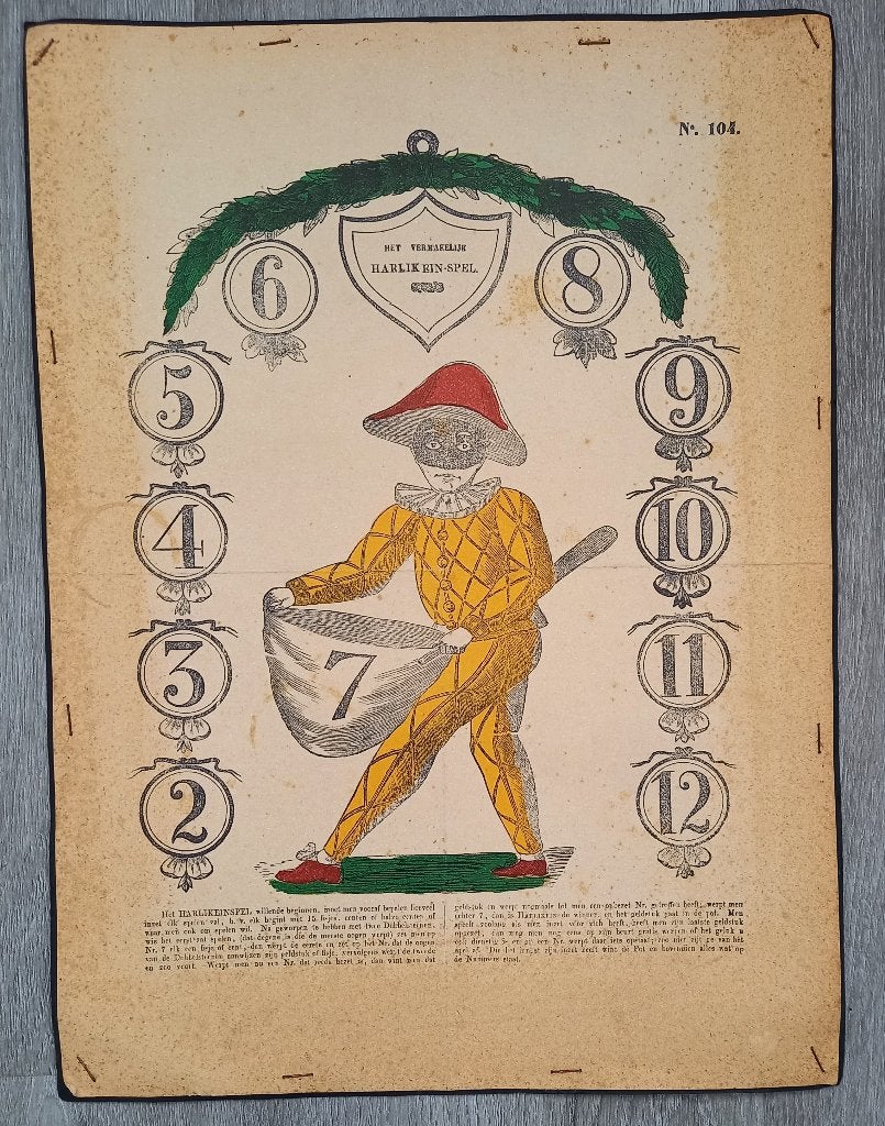 Houtsnede Antiek boordspel Het vermakelijk Harlikein-spel, Ophalen of Verzenden, Houtsnede