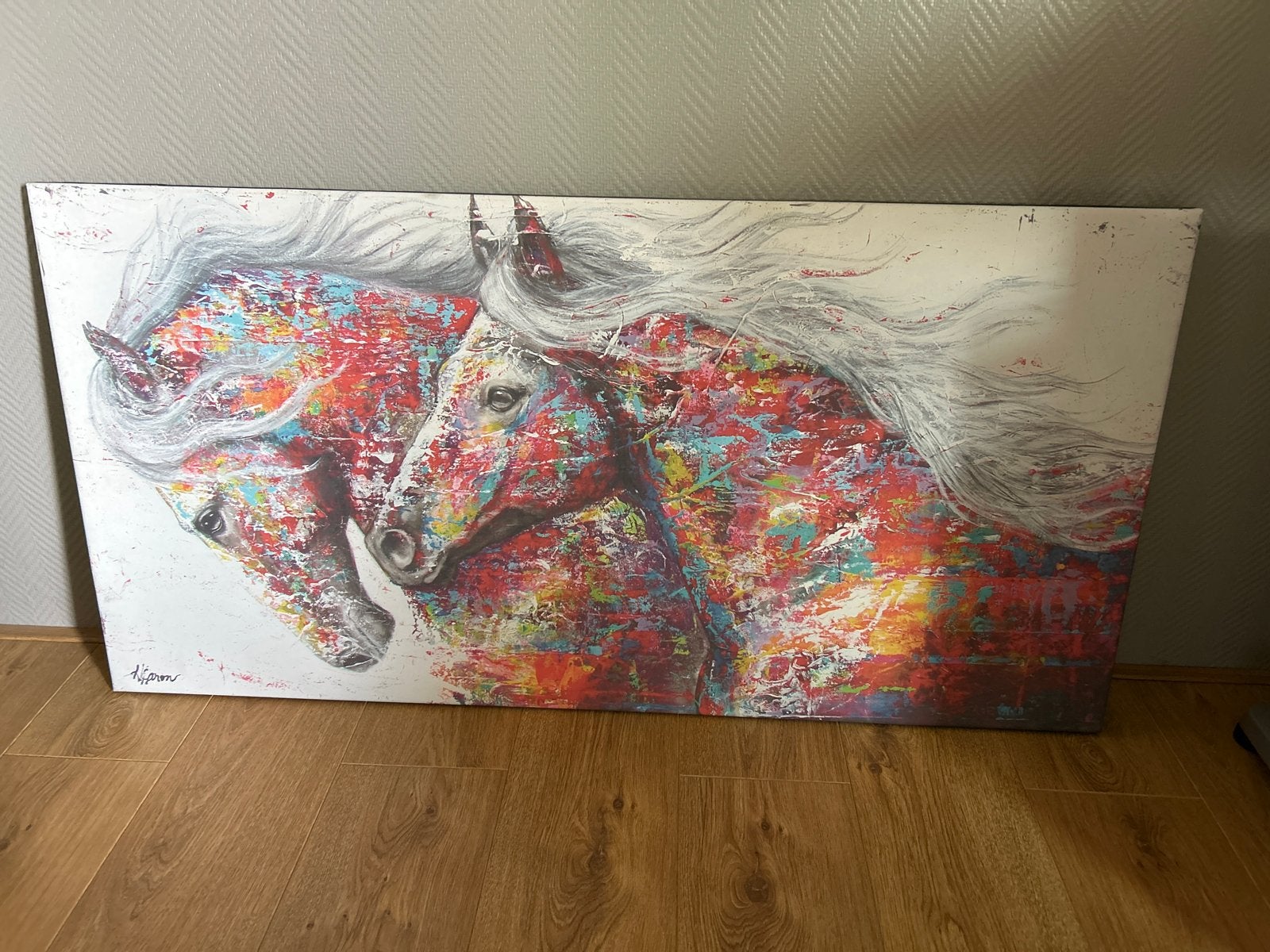 Modern schilderij met kleurrijke paarden - 120x60 cm, Acrylverf, Handgeschilderd, Ophalen of Verzenden, Dieren