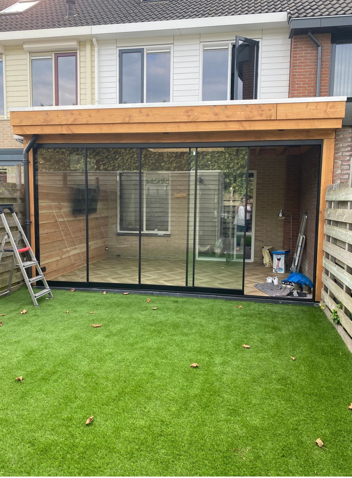 Mooie mat zwarte glazen schuifpui voor overkapping, Tuin en Terras, Ophalen, Zo goed als nieuw, Veranda