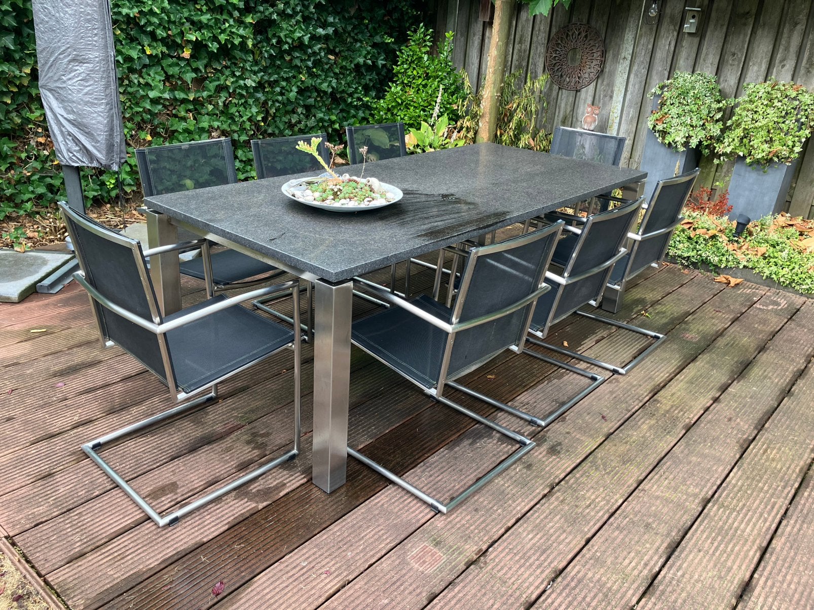 Luxe RVS tuintafel met granieten blad + 8 stoelen (tuinset), Ophalen, Gebruikt, Eettafel, 8 zitplaatsen
