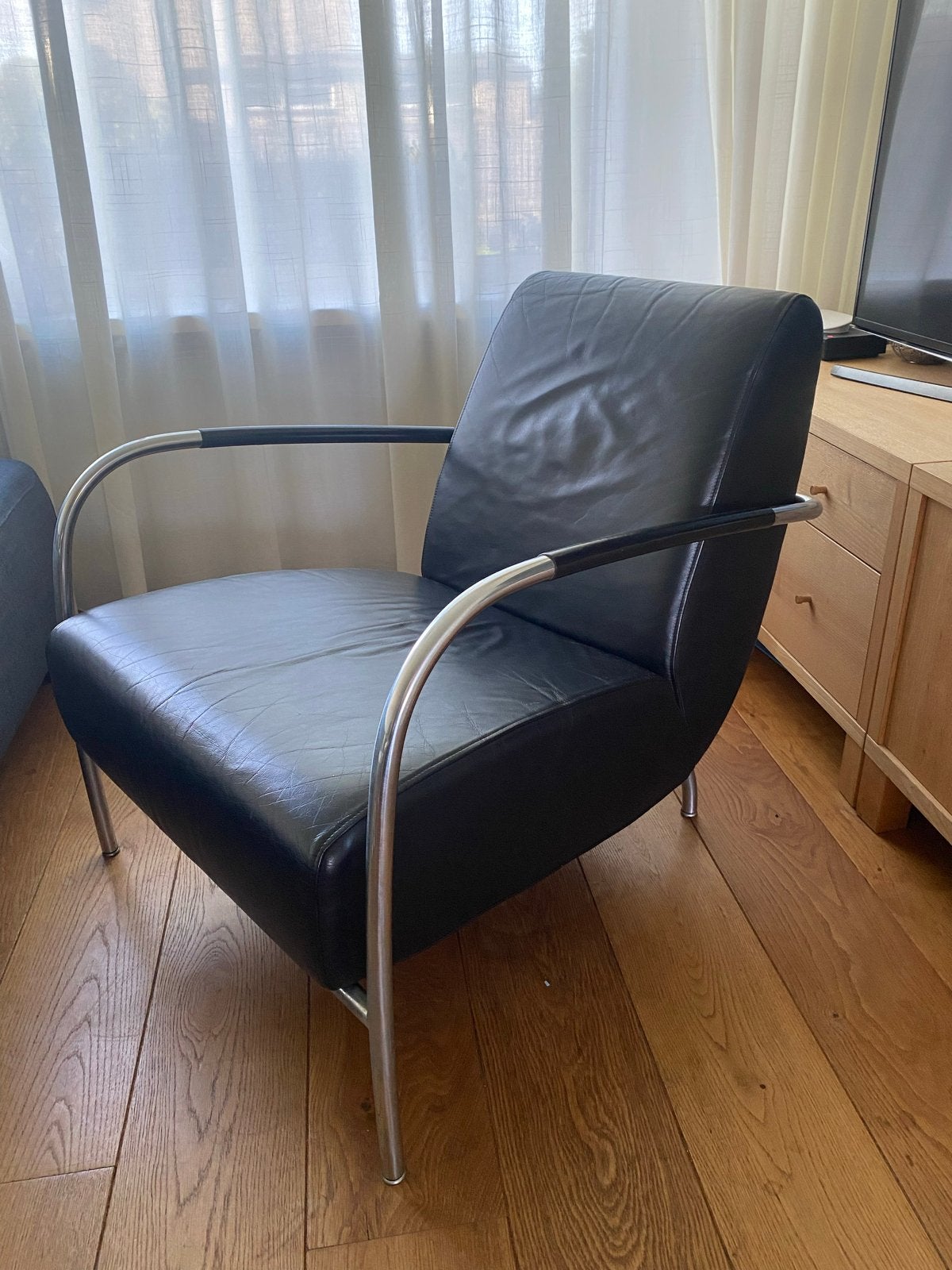 Harvink Columbus fauteuil - Zwart leer met chromen frame, Huis en Inrichting, Gebruikt, Zwart, Leer, Ophalen of Verzenden
