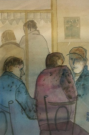 Aquarel Bruin Cafe met Stamgasten Gesigneerd JVD 1983, Portret of Personen, Gedateerd, Expressionistisch, Ophalen of Verzenden