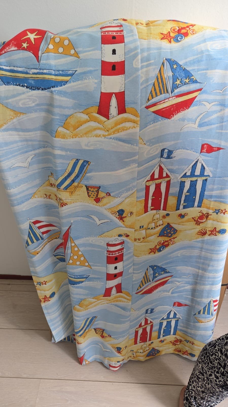 2 Kindergordijnen 90x160 cm - Strandthema, Huis en Inrichting, Met haken, Gebruikt, Ophalen of Verzenden, Gordijn