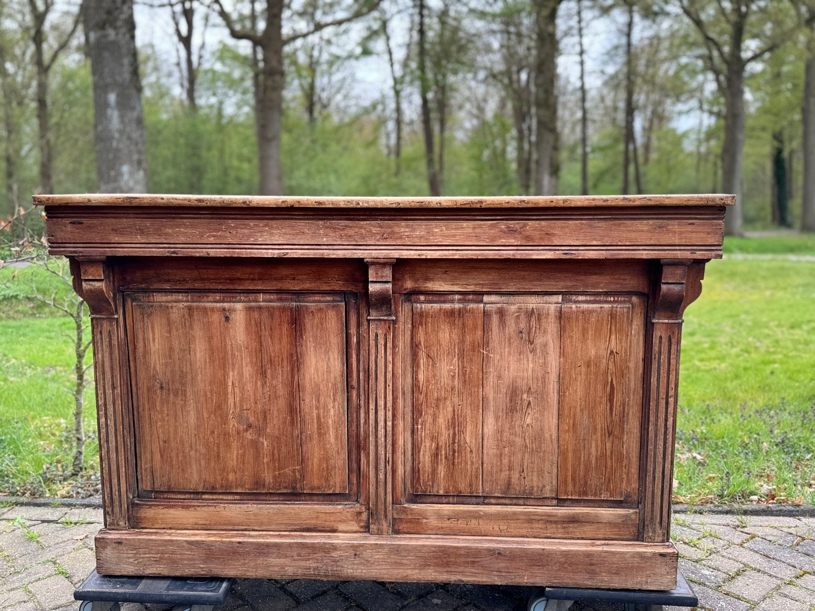 Toonbank, naturel, panelen, ornamenten,twee lades, Ophalen