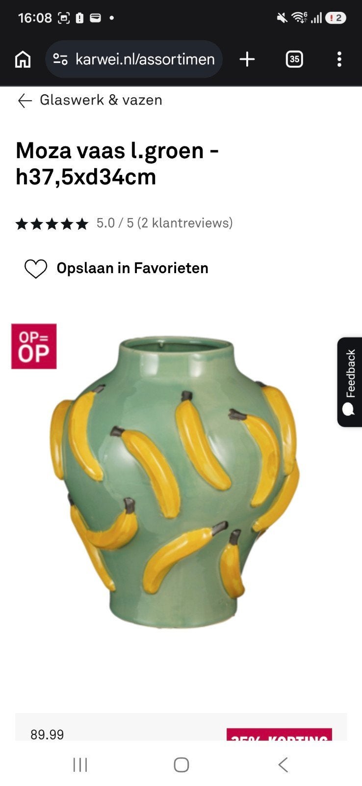 Moza vaas lichtgroen met bananen, h37,5xd34cm, Ophalen