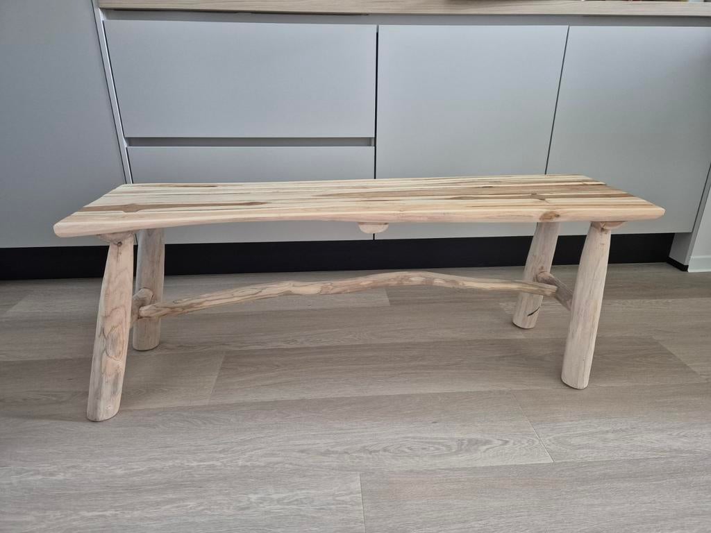 Decoratief rechthoekig bankje van teak, 120x35x45 cm, Huis en Inrichting, Ophalen, Zo goed als nieuw, Hout, Landelijk