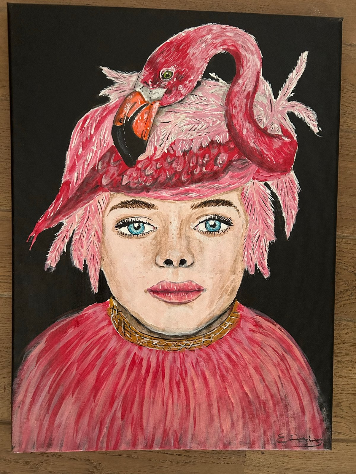 Uniek Acryl Schilderij: Vrouw met Flamingo Hoed (30x40 cm), Antiek en Kunst, Acrylverf, Portret, Textiel, Gelakt/vernis