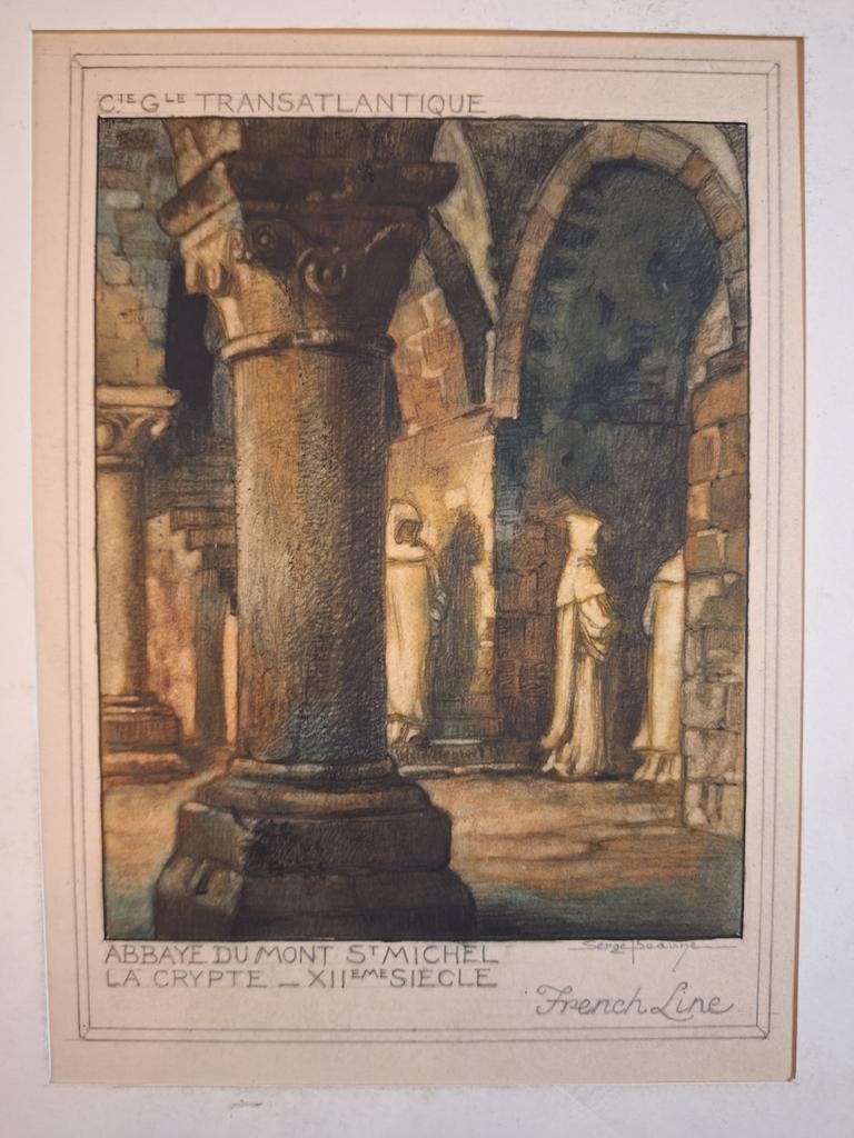 Aquarel van Serge Beaune - Mont Saint Michel Crypte, Antiek en Kunst, Ophalen of Verzenden
